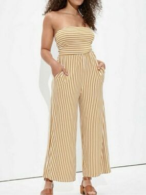 American Eagle Outfitters Strapless Wide-Leg Jumpsuit in Tan and White